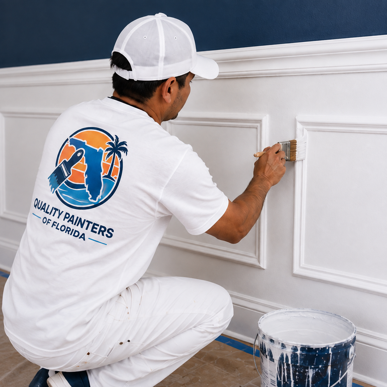 Quality Painters of Florida painter brushing a crisp white line on wainscoting against a navy wall